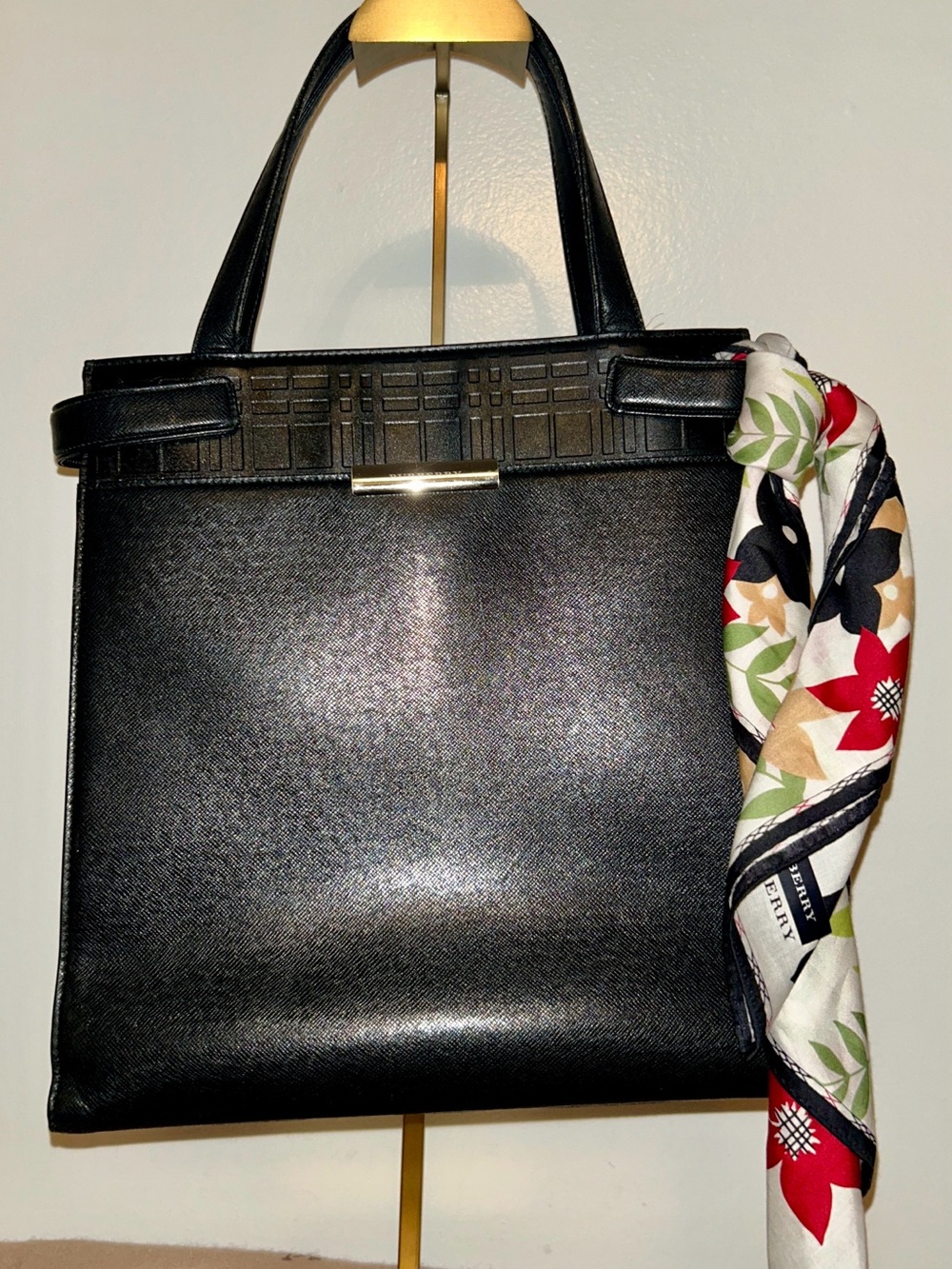 Burberry London LTD Black Leather Belted Tote Bag with Burberry Handkerchief